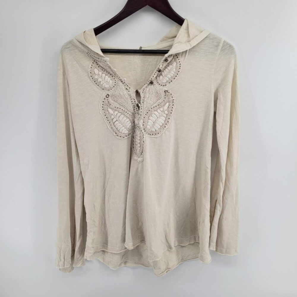 Free People Cream Hooded Lace Detail Women's Boho Top Size Small